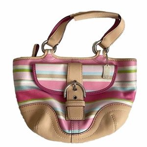 Coach Hampton Soho Multicolor Striped Leather & Canvas Tote w/ Buckle
